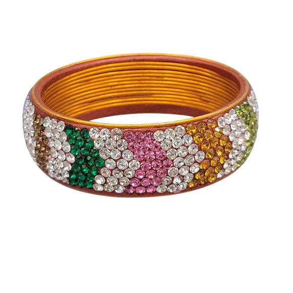 Encrusted Rhinestone Bangle Bracelet Copper Colored Metal Multicolored - Picture 2 of 10